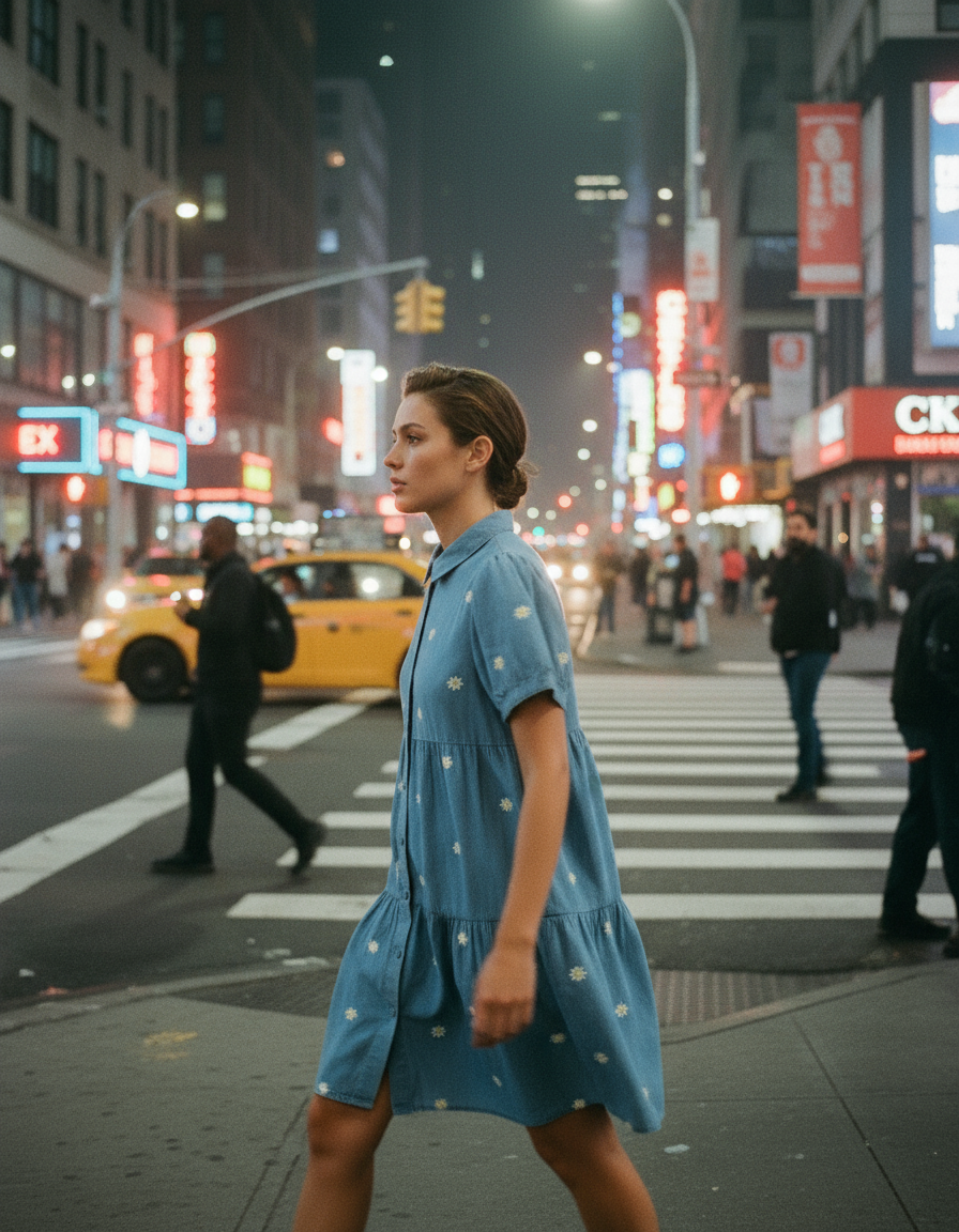 Vestido camisero de mezclilla con margaritas bordadas