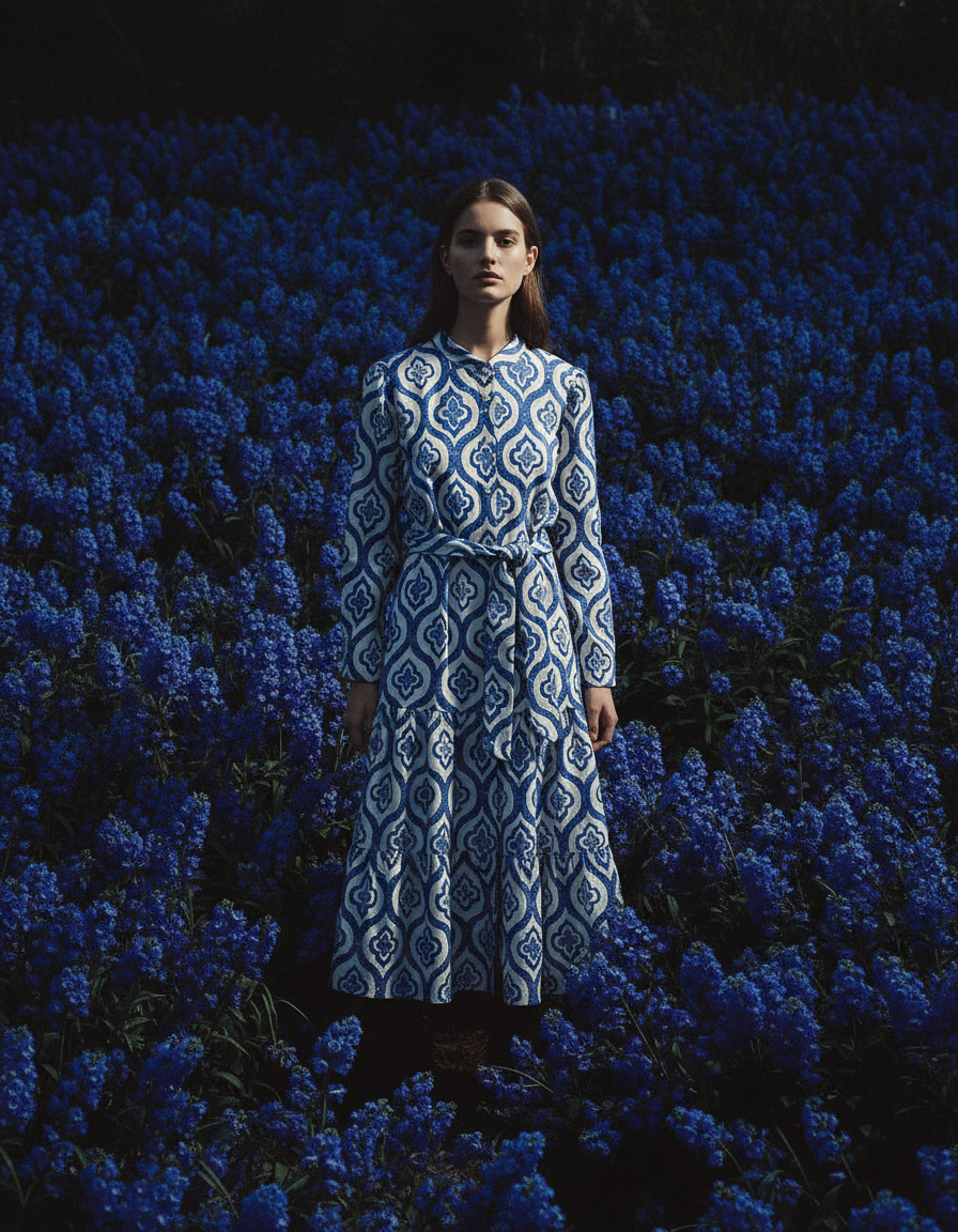 Vestido largo estampado geométrico con cinturón ajustable