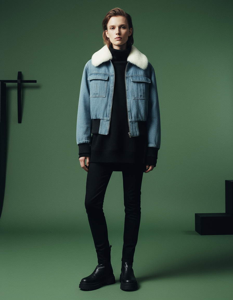 Chaqueta Denim con Cuello de Piel Sintética Blanca